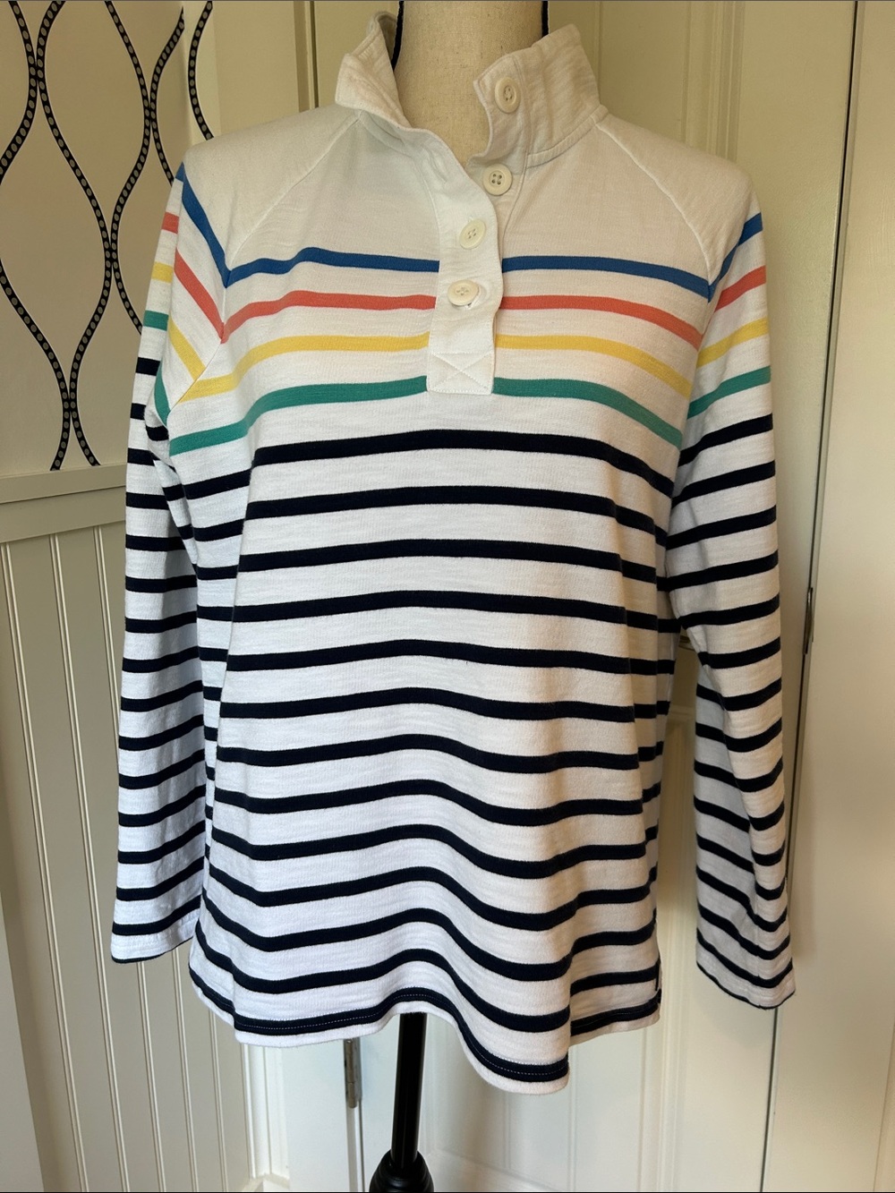 L.L. Bean White Pullover Sweater with Navy and Multicolor Stripes
